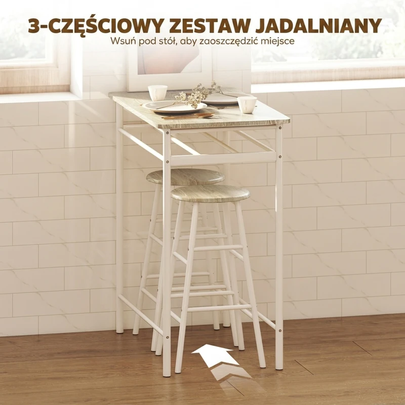 HOMCOM Zestaw stół barowy ze stołkami, stół kuchenny z krzesłami, wysoki stół, stołki barowe, stal kolor: biały + dębowy