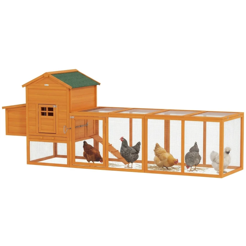PawHut Poulailler en bois poulailler pour poules extérieur avec pondoir bac amovible en bois massif 297,5 x 68 x 118 cm orange