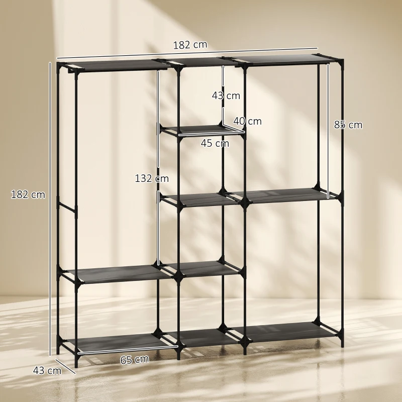 HOMCOM Dulap Textil Compact cu 3 Bare pentru Umerașe, 5 Rafturi și Structură din Oțel, 182 x 43 x 182 Cm, Negru