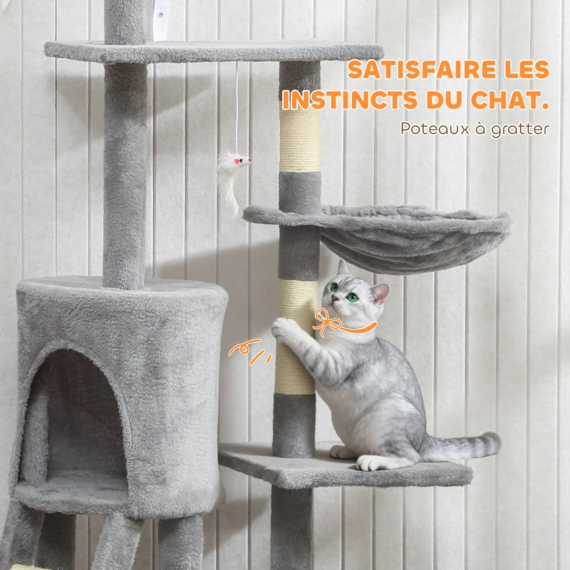 PawHut Arbre à Chat Tour de Jeux pour Chats Stable Multi-Niveaux avec Niche 3 Plate-Formes Hamac 60x35x134cm Gris