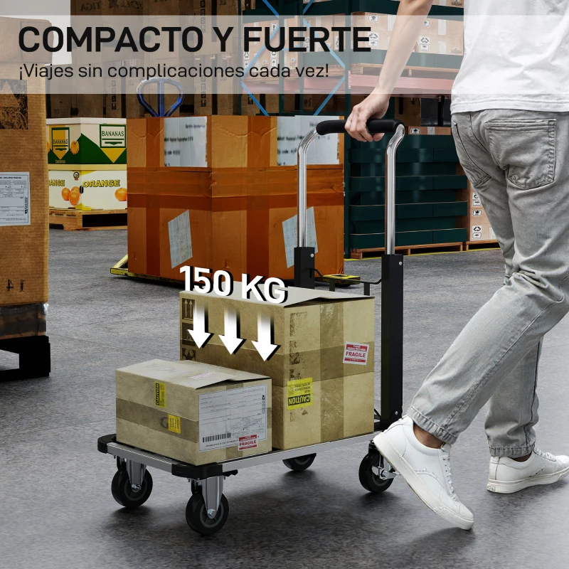 HOMCOM Carretilla de Mano Plegable de Aluminio Carga 150 kg con Ruedas Mango Ajustable y Plataforma Extensible Plata y Negro