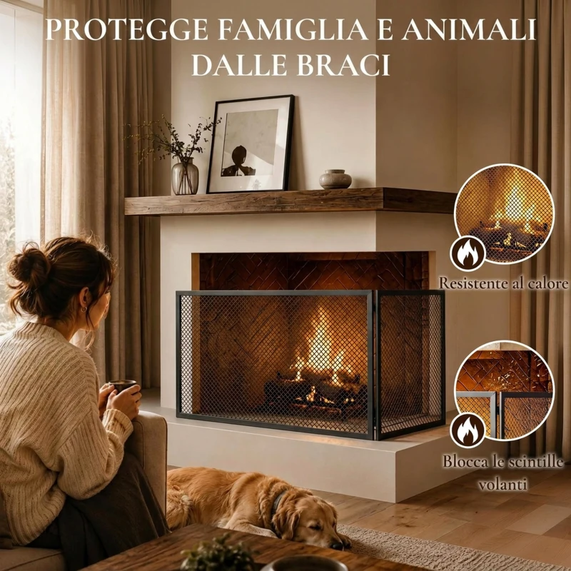 HOMCOM Parascintille per Camino Pieghevole a 2 Pannelli in Metallo Verniciato, 140x1x50 cm, Nero