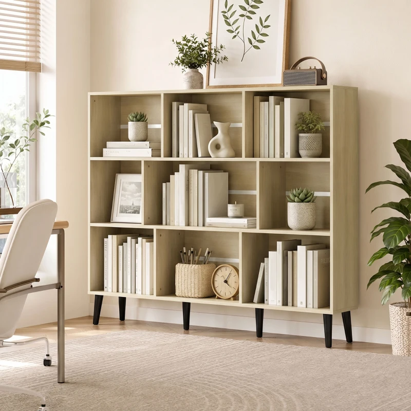 HOMCOM 10-Cube Bookcase, 3-Tier Book Shelf with Solid Wood Legs, 140 cm Modern Bookshelf with Anti-Tip Kit, Oak