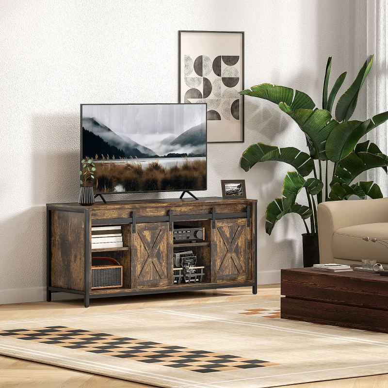 HOMCOM TV-lowboard, industrieel design, voor tv's tot 152,4 cm, 6 vakken, 2 schuifdeuren, bruin/zwart(m-2)