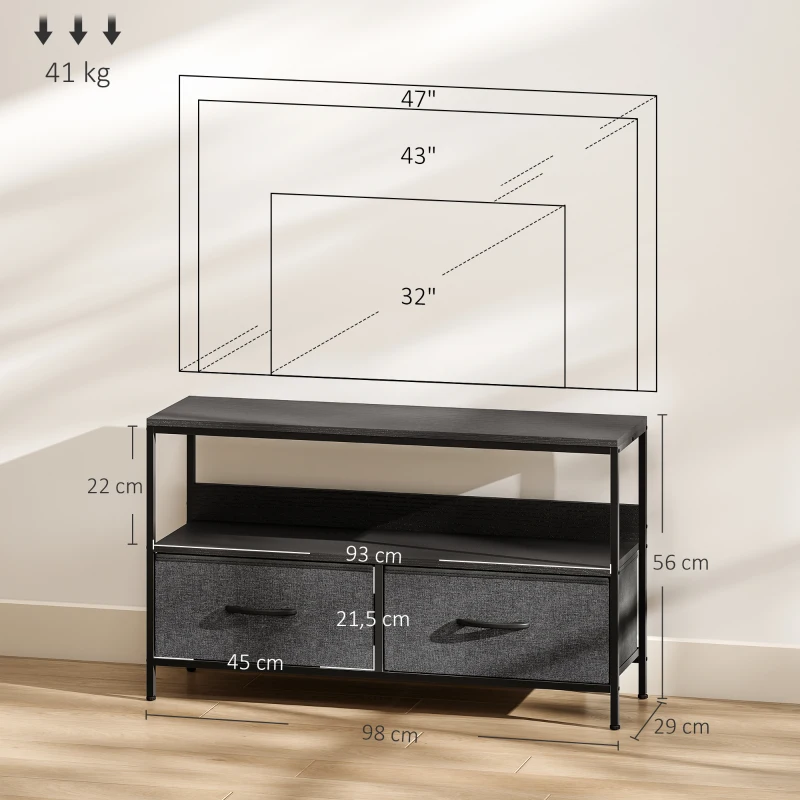 HOMCOM Meuble TV, meuble télé pour téléviseur jusqu'à 47 pouces avec 2 tiroirs et pieds en acier, 98 x 29 x 56 cm, gris foncé