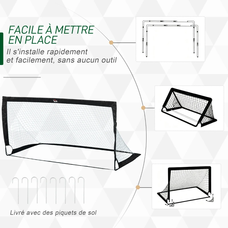 HOMCOM Lot de 2 but de foot extérieur, cage de foot portable avec sac de rangement en tissu Oxford 183 x 90 x 90 cm noir blanc