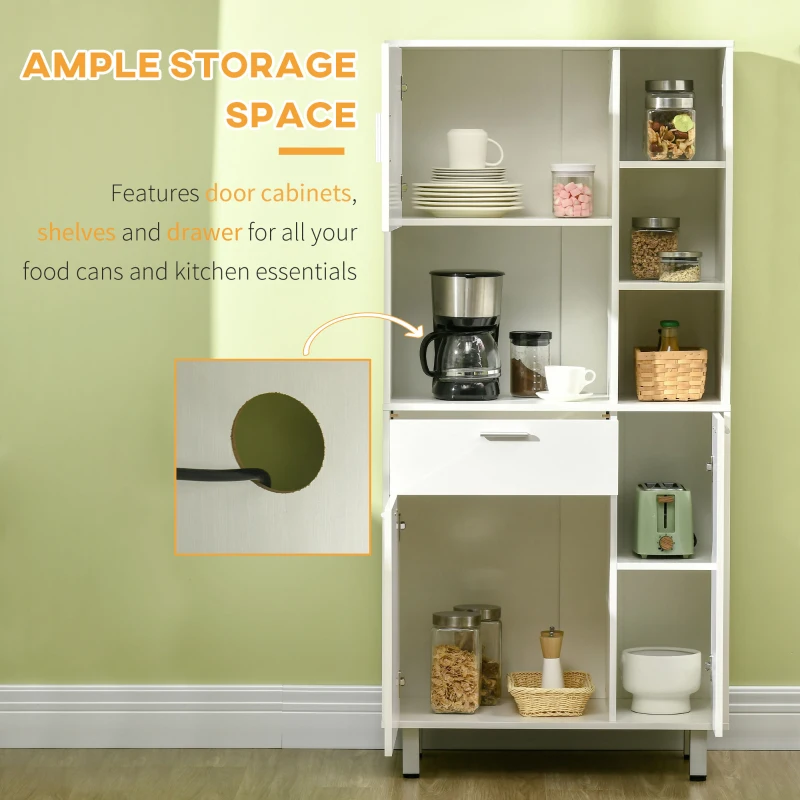 HOMCOM Kitchen Cupboard, Modern Kitchen Storage Cabinet with Shelves and Drawer, Free Standing Kitchen Sideboard, 166 cm, White