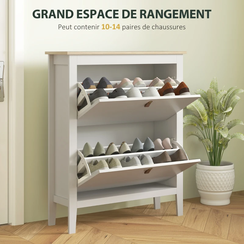HOMCOM Meuble à chaussures 14 paires, armoire à chaussures avec 2 tiroirs rabattables, étagères amovibles et réglables, blanc