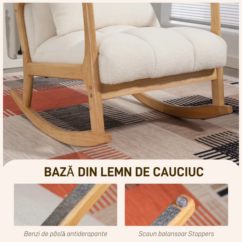 HOMCOM Fotoliu Balansoar 90°-130° cu Pernă Lombară, Acoperit cu Material Textil Sherpa, 64.5x82x89 cm, Alb și Lemn Natur