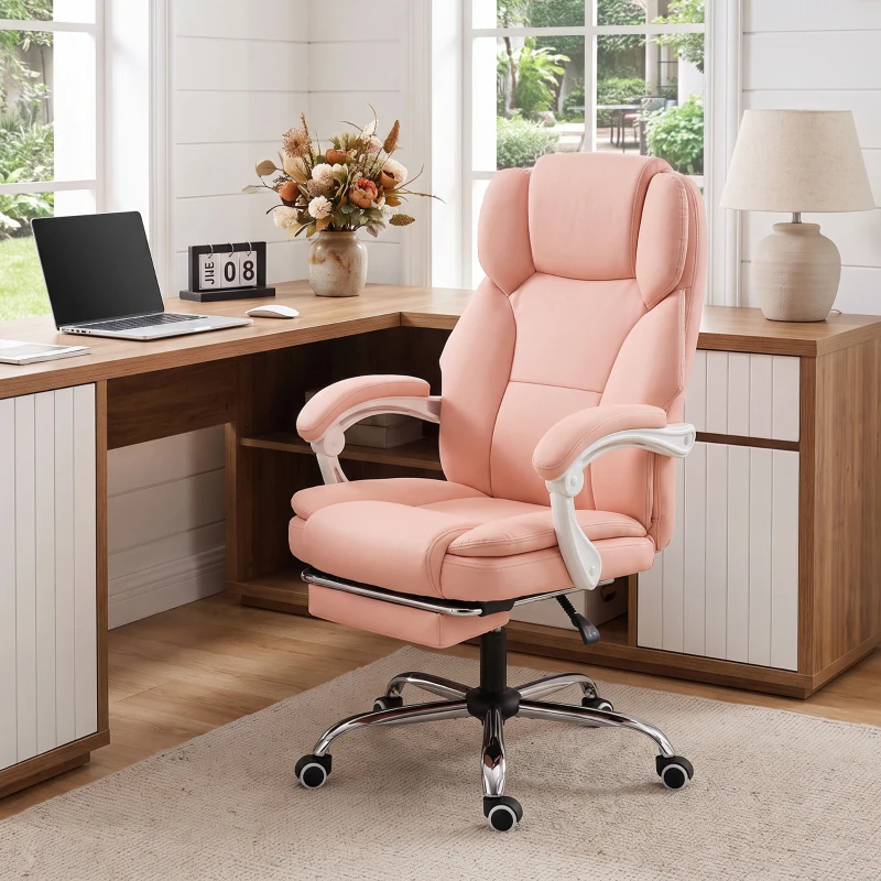 HOMCOM Chaise Bureau Ergonomique, Fauteuil de Bureau Inclinable en Cuir Synthétique Adapté aux Animaux, Hauteur Réglable, Rose