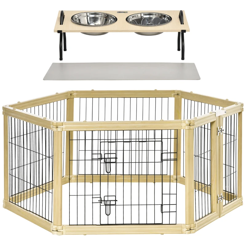 PawHut Parc enclos modulable et Gamelles chiens surélevées 6 panneaux porte verrouillable 2 bols amovibles chacun 1,1L et tapis