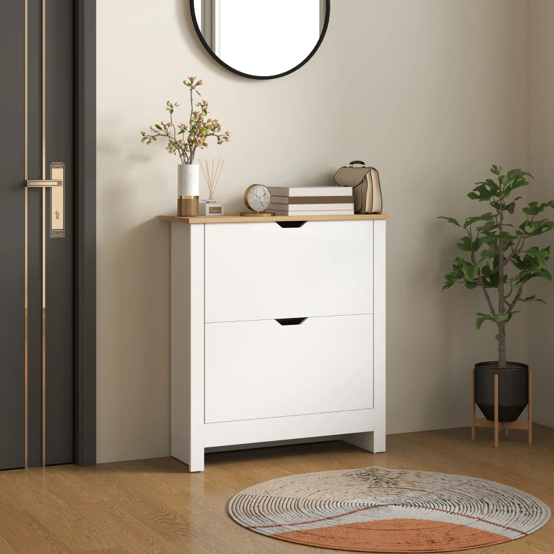 HOMCOM Slim Shoe Cabinet, Narrow Shoe Cupboard with 2 Flip Drawers, Adjustable Shelves for 12 Pairs of Shoes, High Gloss White