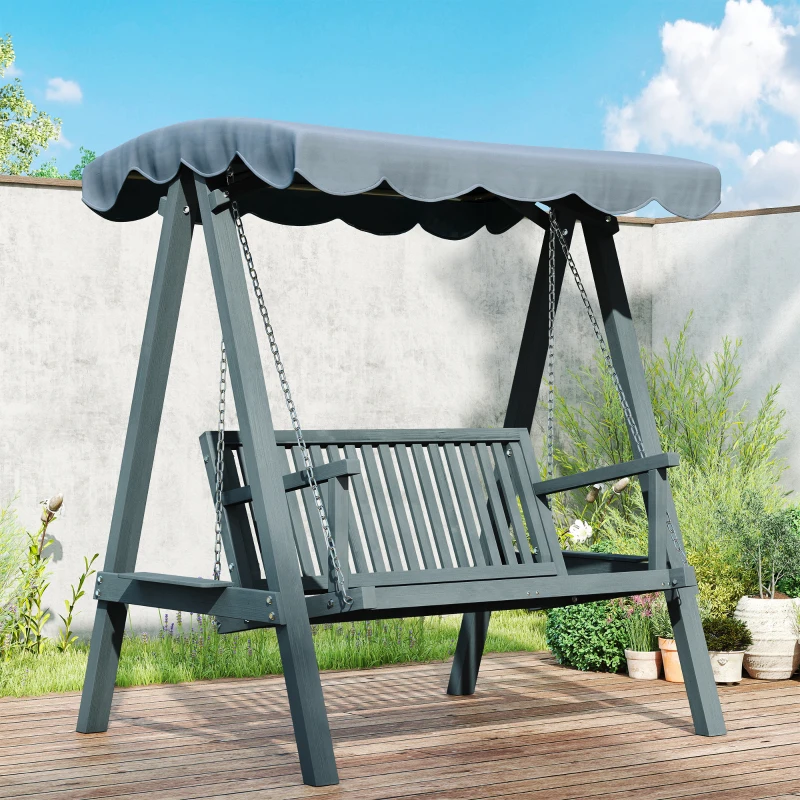 Outsunny 2 Seater Garden Swing Seat with Canopy, Wooden Swing Chair, Outdoor Hammock Bench for Balcony Patio Porch, Grey