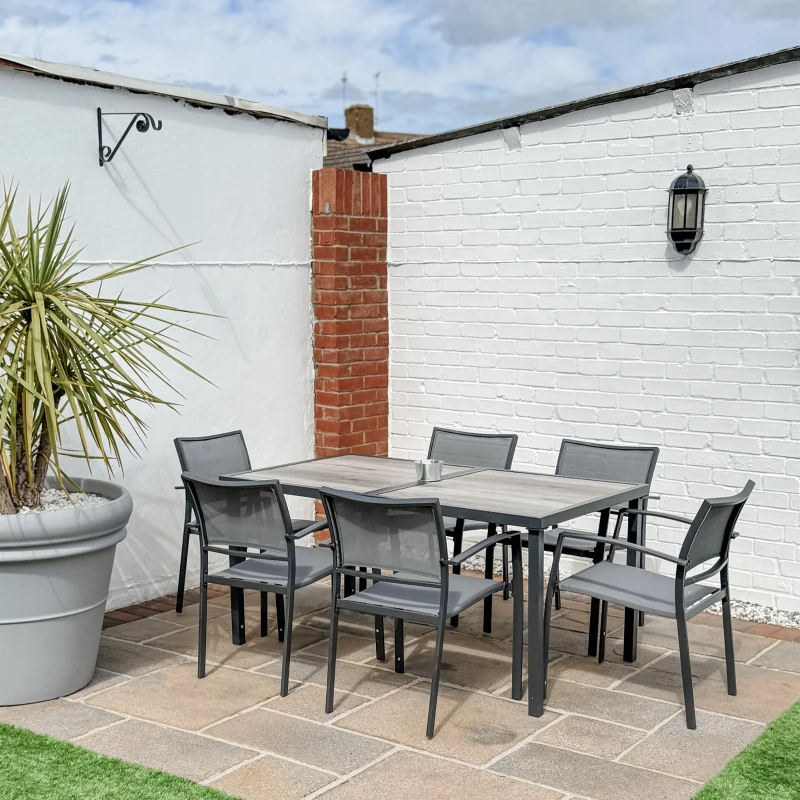Outsunny Tuinmeubelset zitgroep, 1 tafel, 6 stoelen, 150 x 87 x 72 cm, grijs