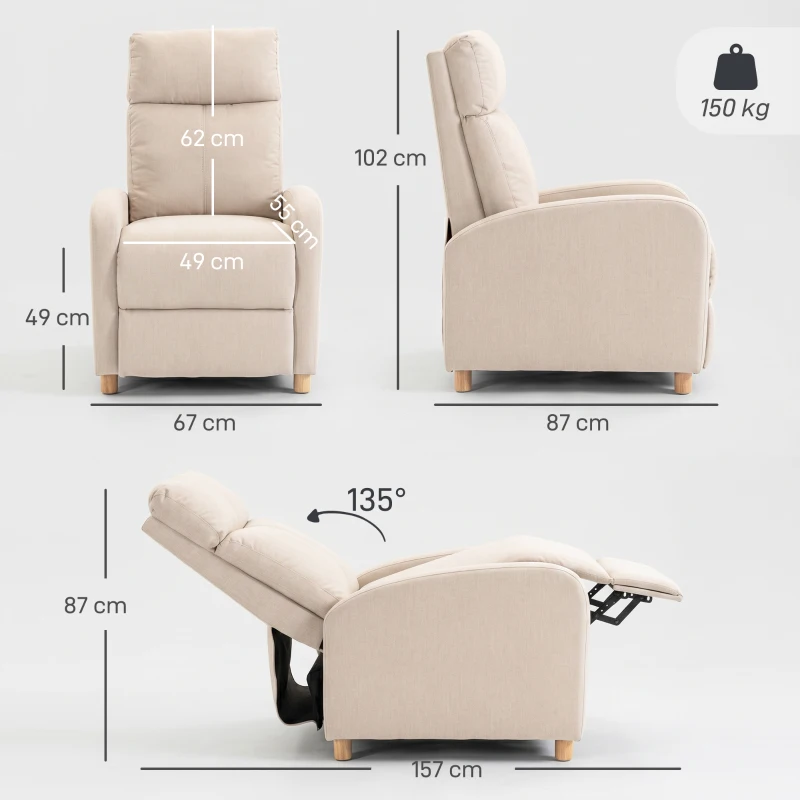 HOMCOM Fotoliu Recliner cu Suport pentru Picioare, Arcuri în Saci, Țesătură In, 87x67x102 cm, Bej