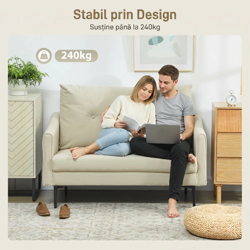 HOMCOM Canapea cu 2 Locuri Modernă cu Spătar Matlasat cu Butoane și Acoperire în Velluto, 124x73x92 cm, Crem