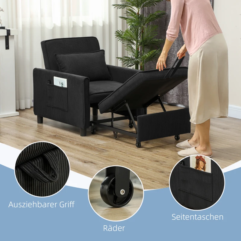 HOMCOM Slaapfauteuil, 3 standen verstelbare, Corduroy bekleding, tot 120 kg, Zwart(m-7)