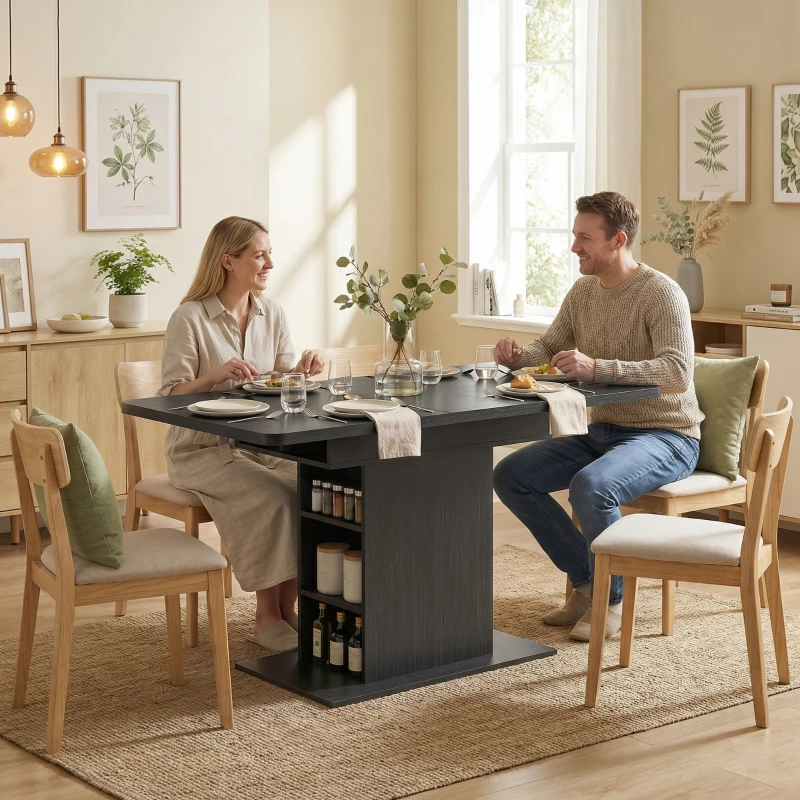 HOMCOM Extendable Dining Table for 4-6 People, 110-130cm Kitchen Table with 6 Open Shelves, Black