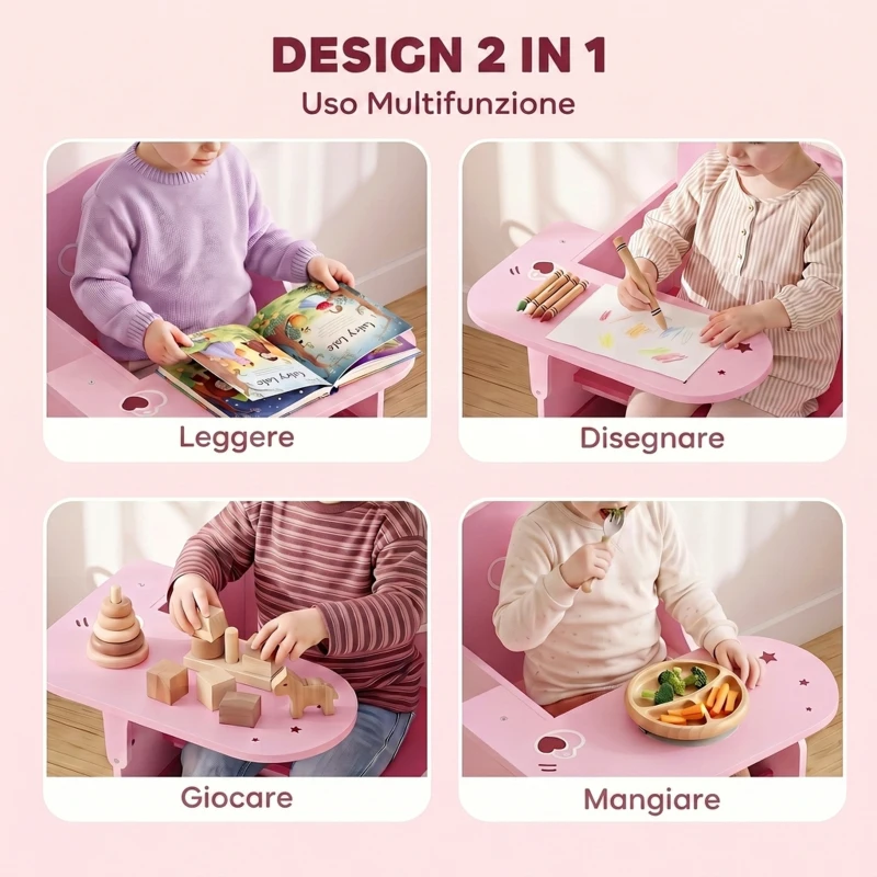 AIYAPLAY Set Tavolo e Sedia per Bambini 3-5 Anni in Legno MDF con Motivi a Cuore, Contenitore Integrato, Rosa