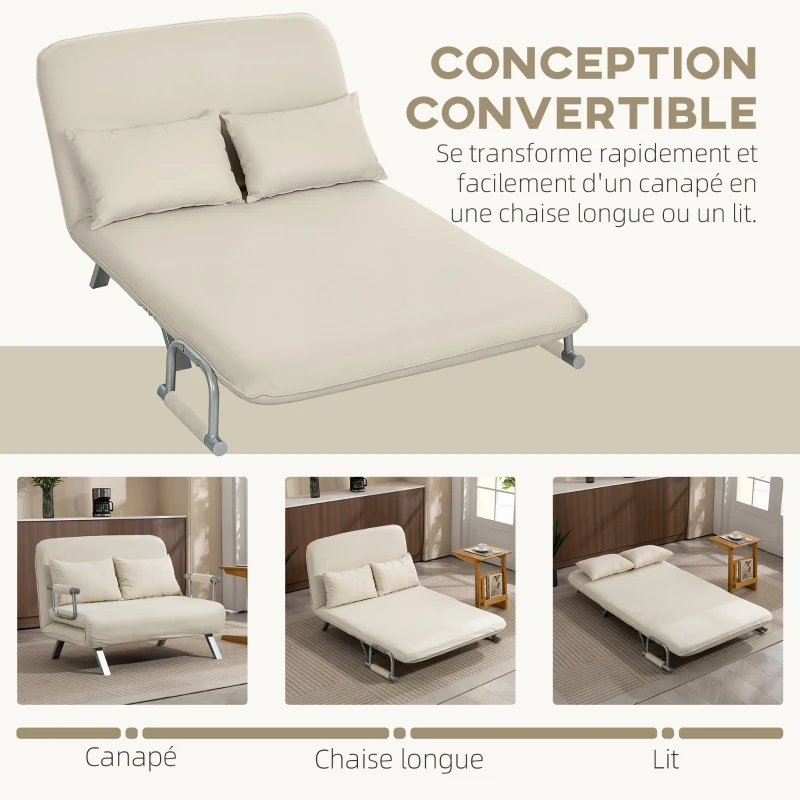 HOMCOM Canapé convertible 2 places canapé-lit 2 places avec dossier réglable et 2 coussins en revêtement aspect suède beige