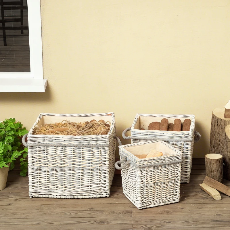 Outsunny Set of 3 Log Baskets for Wood Burner Indoor, Storage Basket with Lining and Rope Handles, Wicker Basket for Fireside Storage, Blankets, Beige