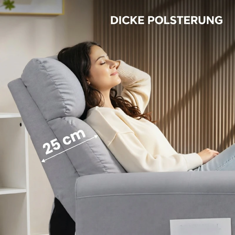 HOMCOM Fotoliu Reclinabil 135° Material cu Efect de In, Spumă, Oțel și Lemn, 73x86x100 cm, Gri Deschis