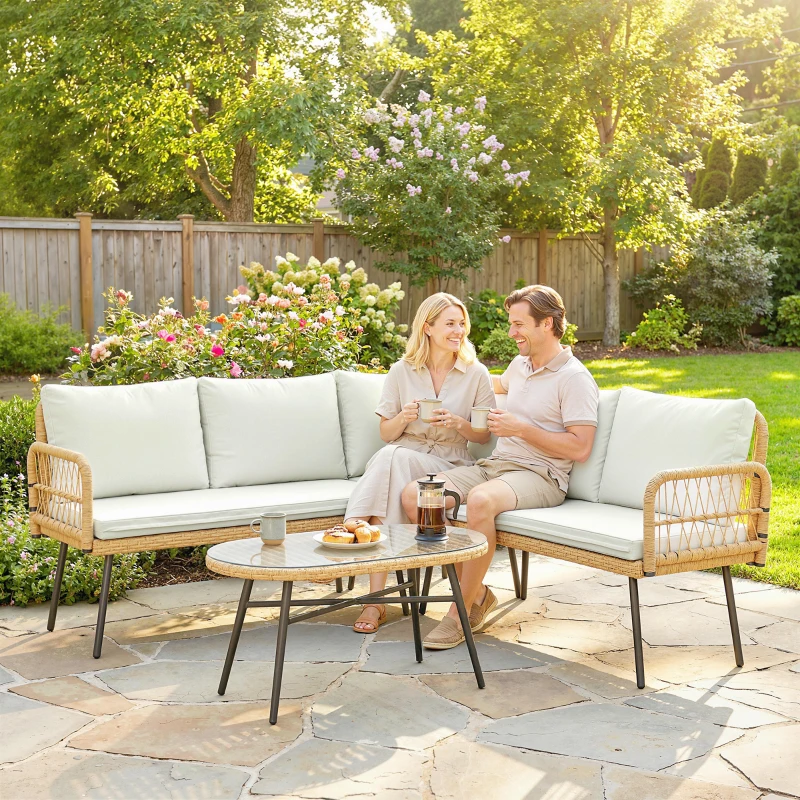 Outsunny Polyrattan Tuinmeubelset 4-delig, Loungeset met Hoekbank Tweezitsbank Glazen Tafel Afneembare Kussens voor 5 Personen