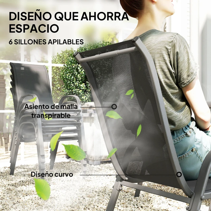 Outsunny Juego de Mesa y 6 Sillas para Terraza con Orificio para Sombrilla y Encimera de Cristal para Terraza Patio Gris