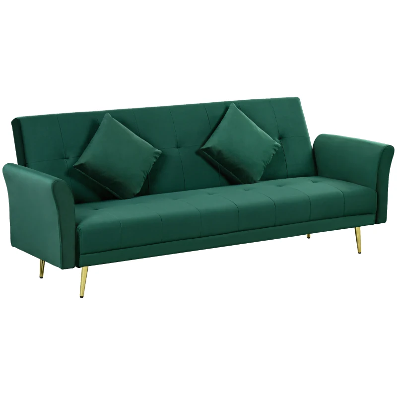 HOMCOM Canapea Extensibilă Clic Clac cu Spătar Reglabil și 2 Perne, din Material cu Efect Catifea, 215x83x87 cm, Verde