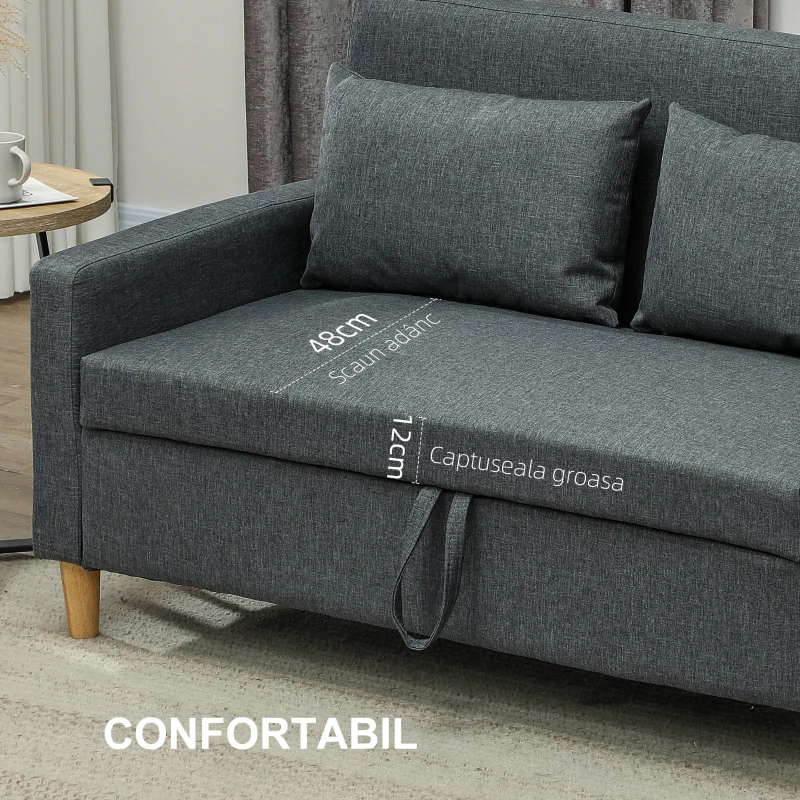 HOMCOM Canapea 2 locuri cu spațiu de depozitare și perne, din material textil cu efect de in și lemn, 135x72x84 cm, gri cărbune