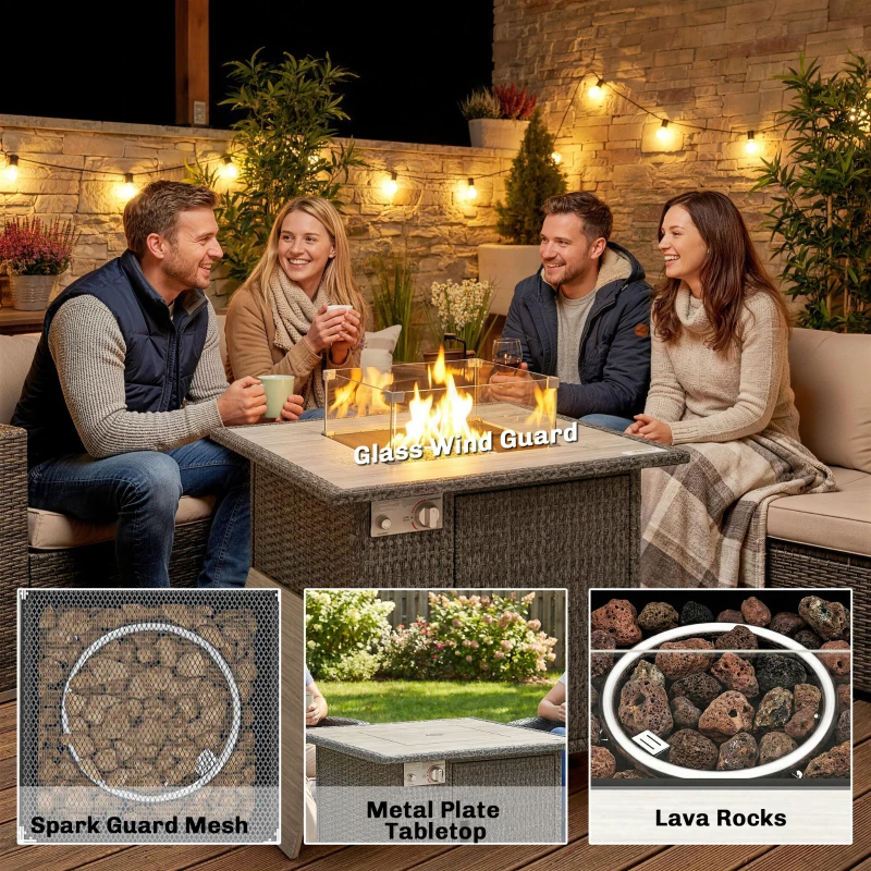 Outsunny 14.5 KW Rattan Gas Fire Pit Dining Table with Rain Cover, Wind Guard, Lid, Lava Rocks, Dark Grey