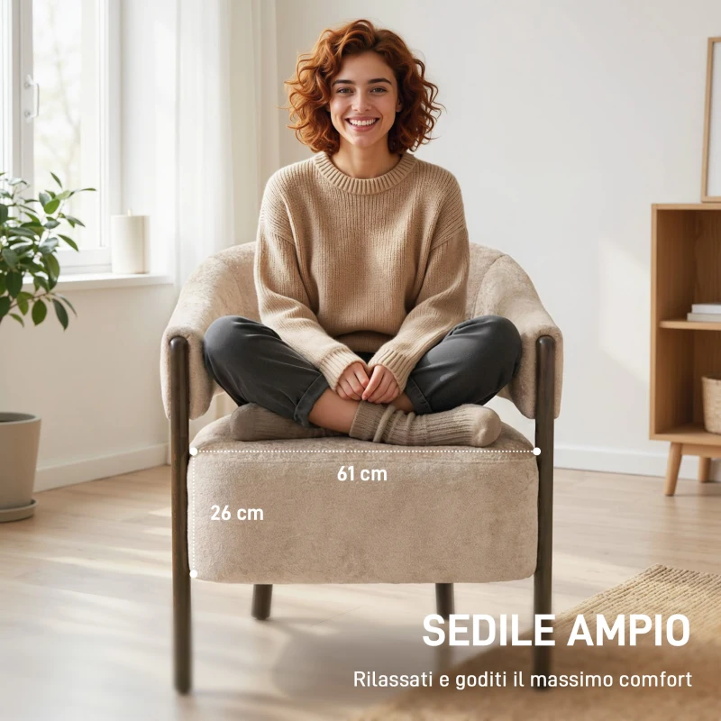 HOMCOM Poltrona da Camera Rivestita in Ciniglia con Struttura e Gambe in Legno Massello, Beige