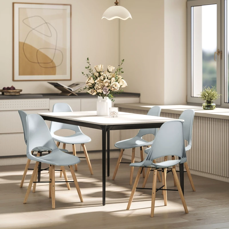 HOMCOM Set de 2 Scaune de Dining din Plastic și Lemn Stil Nordic cu Spătar Curbat, Gri