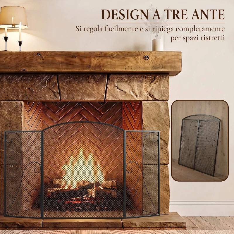 HOMCOM Parascintille per Camino Pieghevole a 3 Pannelli in Metallo Verniciato, 133x1x77 cm, Nero
