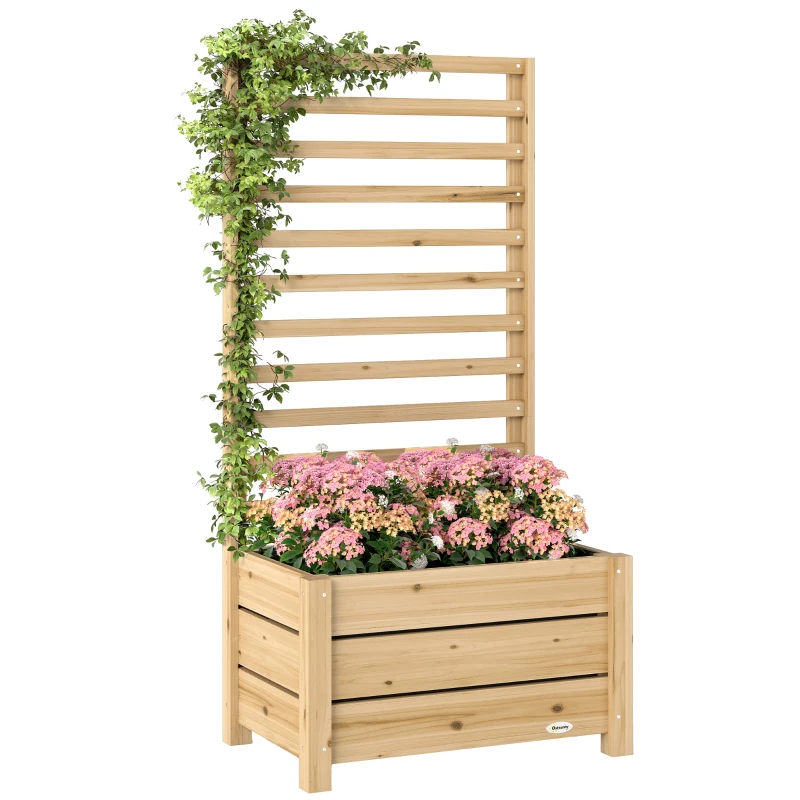 Outsunny Verhoogde plantenbak met trellis van hout, afwateringsgat & geotextielvoering 60 x 39 x 120 cm natuurlijk hout