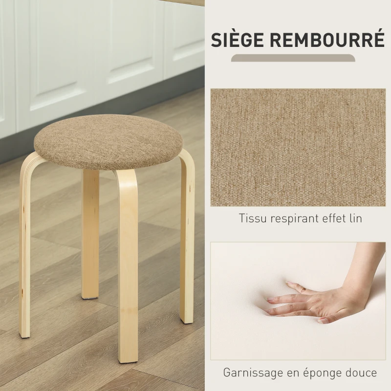 HOMCOM Ensemble de 4 Tabourets Empilables Modernes, Tabourets Ronds sans Dossier avec Assise Rembourrée, 40 x 40 x 45 cm, Kaki