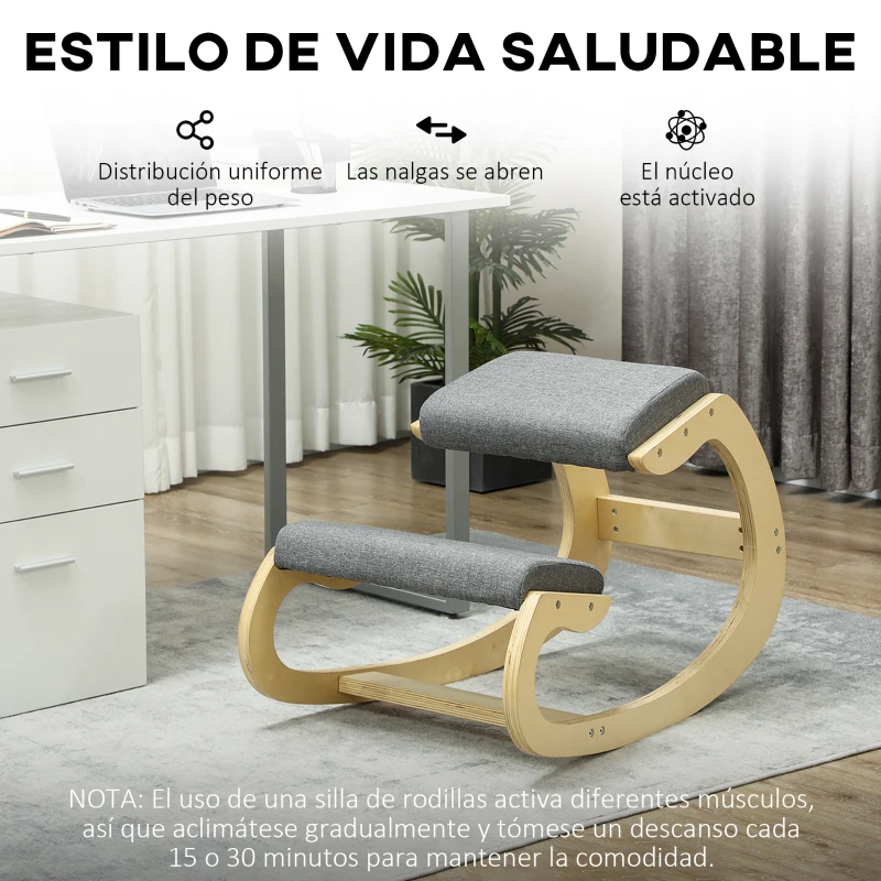 HOMCOM Silla Ergonómica de Rodillas Silla de Rodillas de Madera Taburete Ergonómico Cojín Acolchado 55x85x55 cm Gris