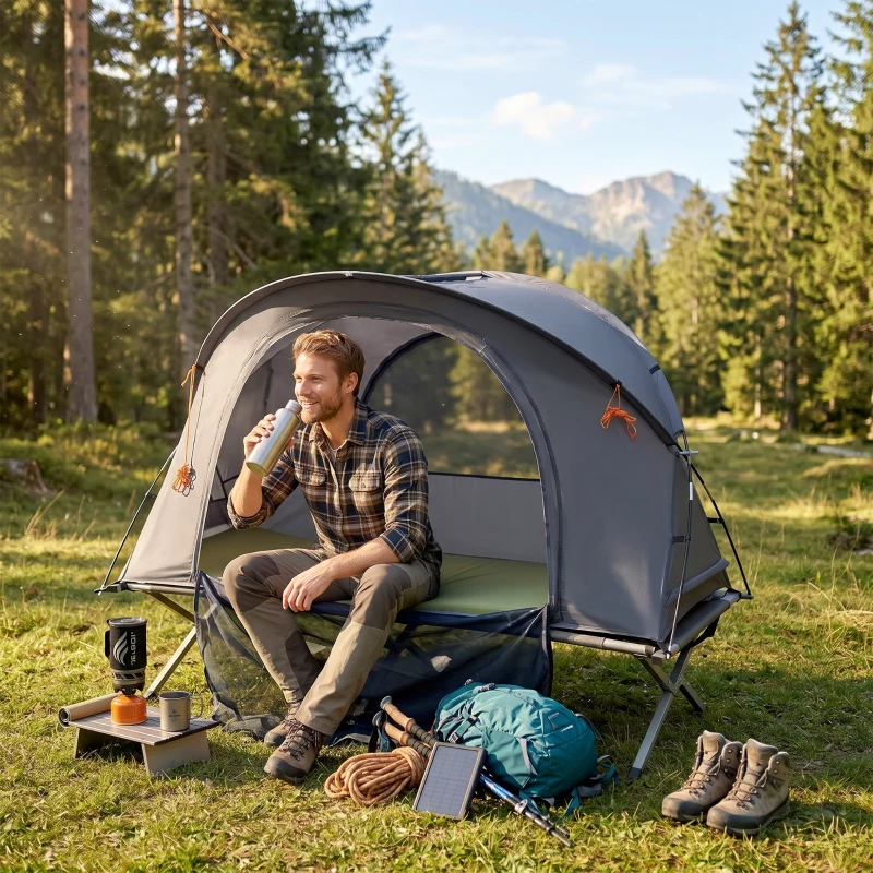 Outsunny Tienda de Campaña 3 en 1 con Cama Colchón Hinchable y Bolsa de Transporte para Senderismo 200x86x147 cm Gris