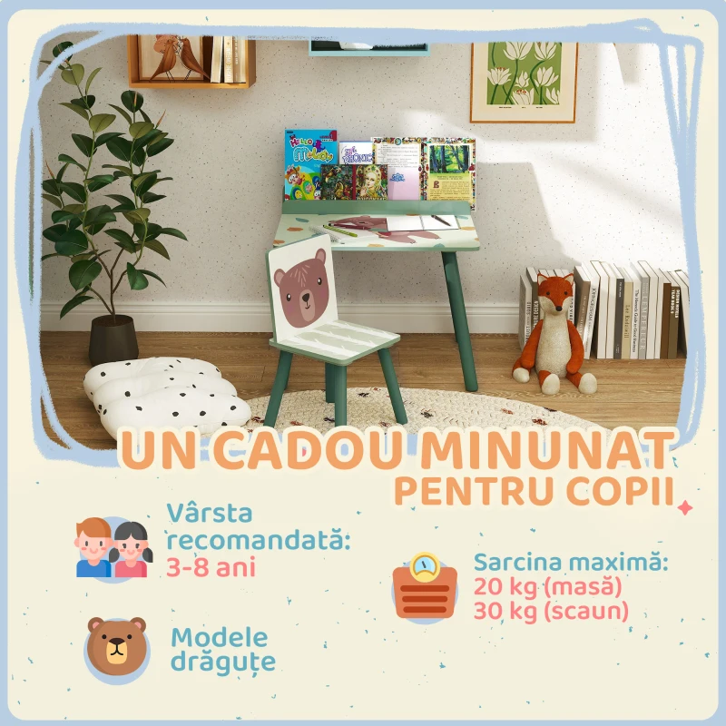 AIYAPLAY Set masă și scaun pentru copii cu raft de depozitare, din MDF și lemn de pin, verde