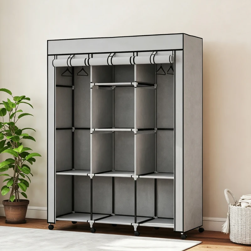 HOMCOM Armoire penderie multi-rangement - 8 étagères, 2 barres - non tissé gris