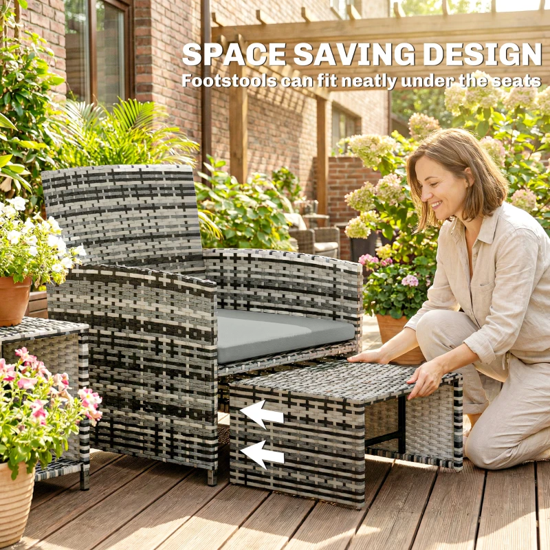 Outsunny 6 Piece Rattan Garden Furniture, Space-Saving Patio Furniture Set with Nesting Tables, Chairs, Stools, Cushions, Grey