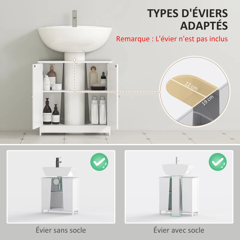 HOMCOM Meuble sous lavabo, meuble de salle de bain placard à 2 portes, étagère réglable, anti-humidité, 60 x 30 x 60 cm, blanc