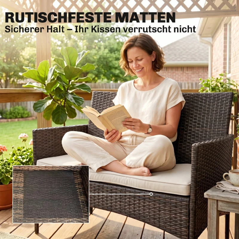 Outsunny 2-Sitzer Rattan Gartensofa PE-Rattan Outdoor-Terrassen-Sofa mit Polster, Anti-Rutsch-Matten, Stahlrahmen, Khaki
