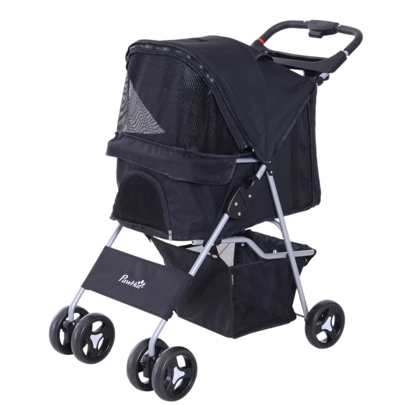 PawHut Carrito para Perros con Toldo Ajustable Cesta de Almacenaje y Ruedas con Freno Tela Oxford 77x45x99,5 cm Negro