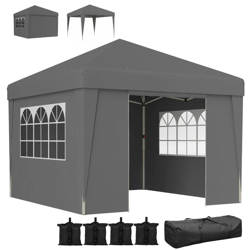 Outsunny Tonnelle de jardin pliante 3 x 3 x 2,75 m anti-UV 30 + avec fenêtres + parois latérales + sac de transport gris foncé