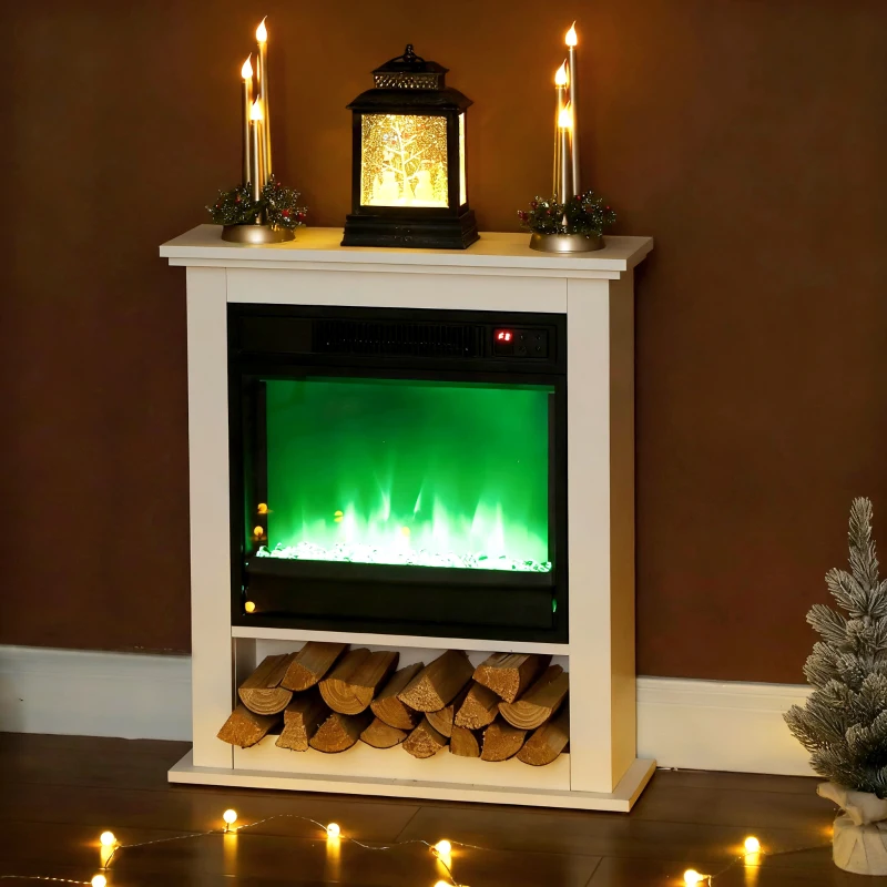 HOMCOM Cheminée électrique 1800W, fausse cheminée décorative, effet flamme à 9 couleurs et 5 luminosité, 62,5x20x72,5cm, blanc