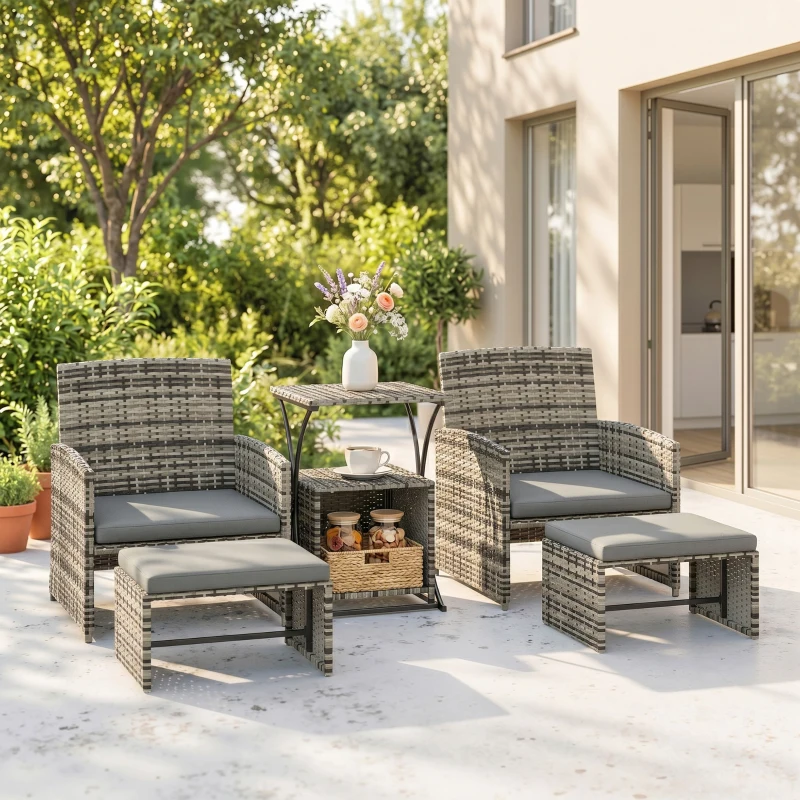 Outsunny 6 Piece Rattan Garden Furniture, Space-Saving Patio Furniture Set with Nesting Tables, Chairs, Stools, Cushions, Grey