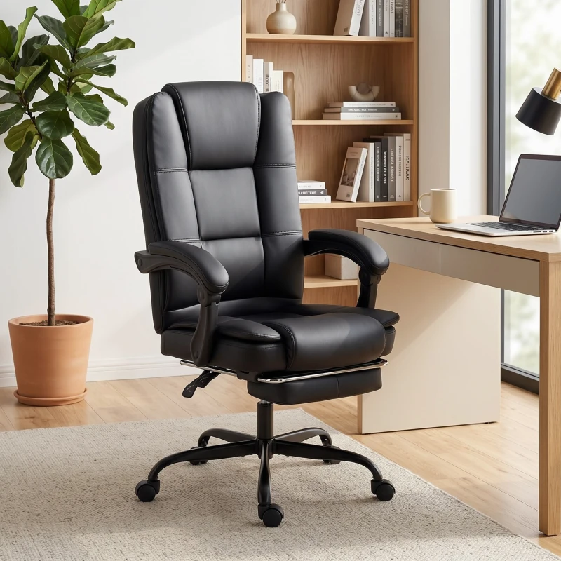 HOMCOM Chaise de bureau ergonomique, fauteuil de bureau inclinable en pu avec repose-pieds rétractable, hauteur réglable, noir