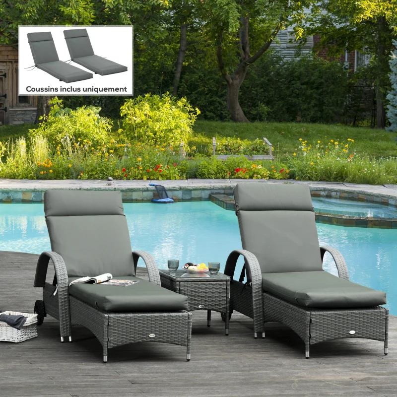 Outsunny Lot de 2 Matelas pour Chaise Longue transat Bain de Soleil avec Sangles d'attache pour Jardin MATELAS