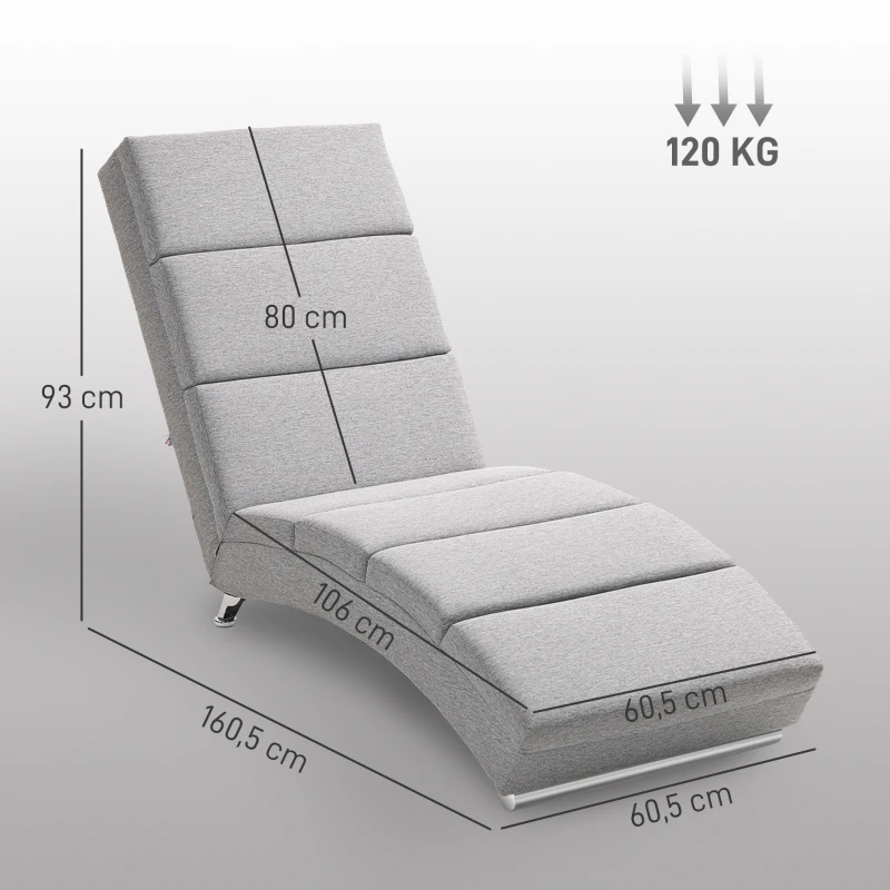 HOMCOM Chaise Longue Reclinabile con Schienale Alto, Imbottitura Spessa e Gambe in Metallo, Grigio Chiaro